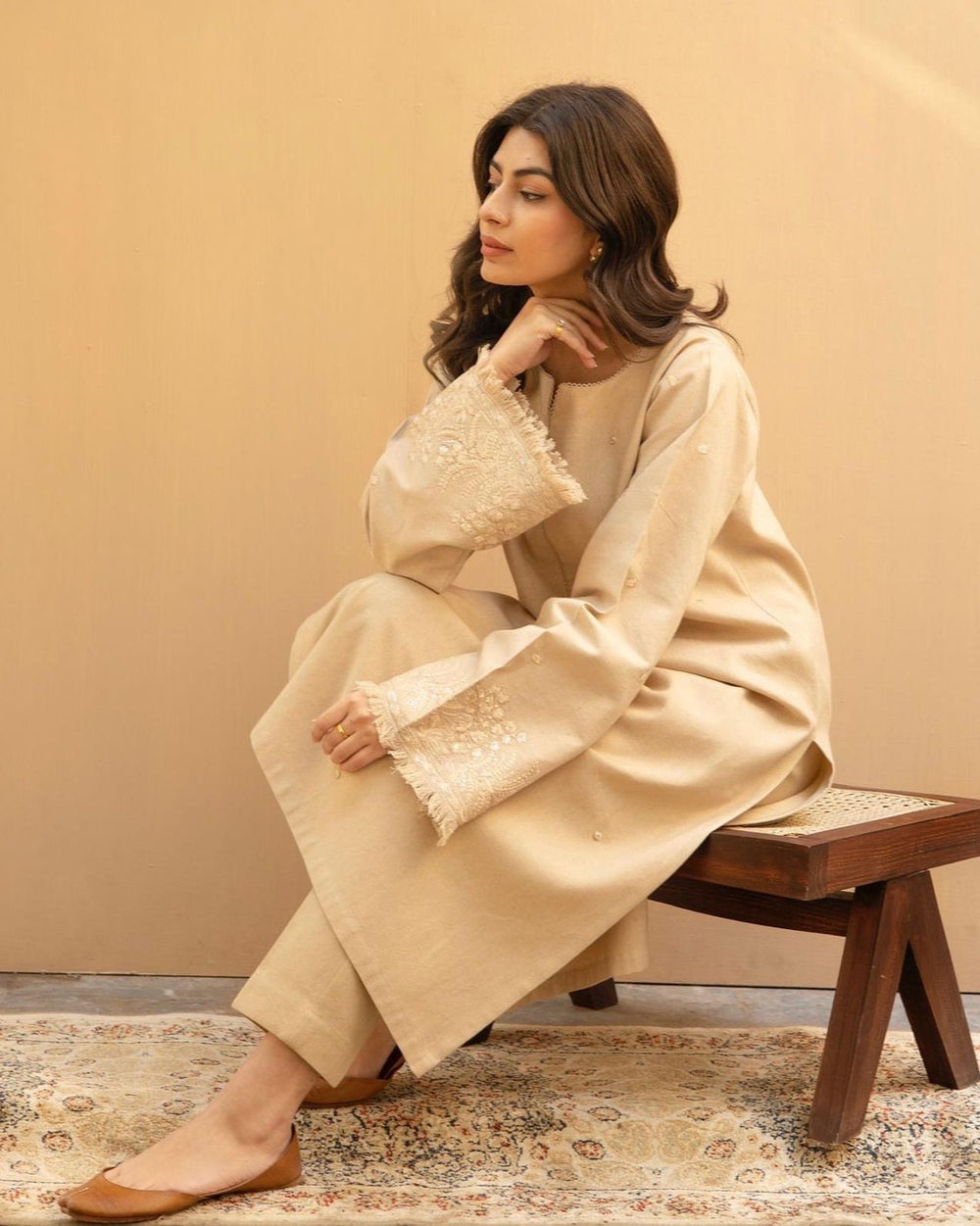 Beige Blossom - Dhanak Fabric 2-Piece Suit