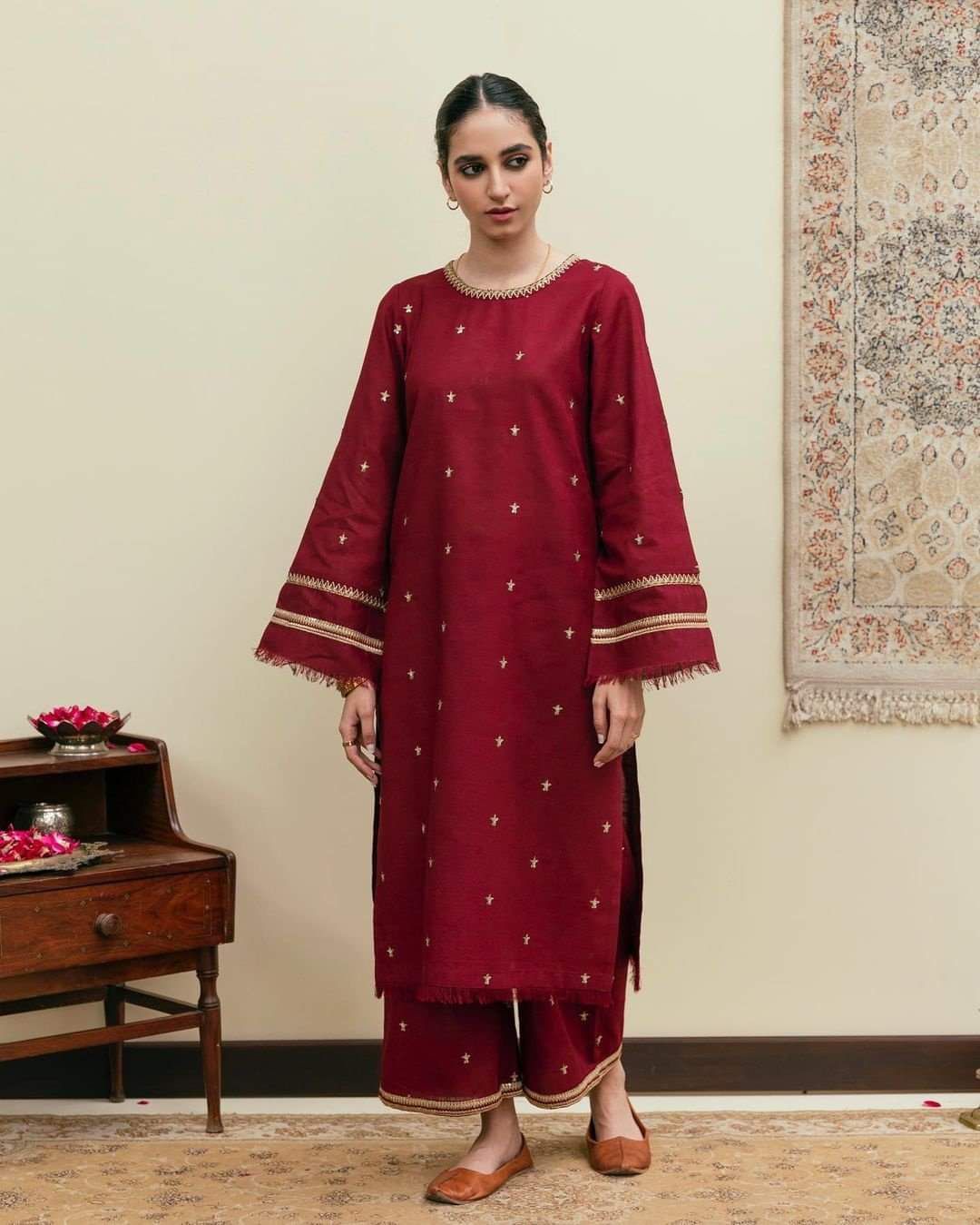 Burgundy Maroon khaddar Straight Cut Trouser Suit