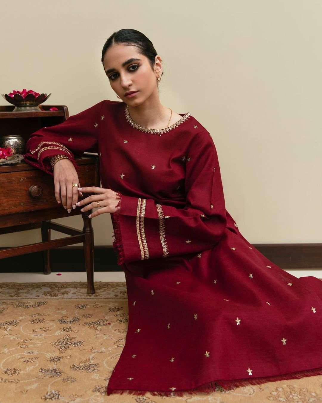 Burgundy Maroon khaddar Straight Cut Trouser Suit