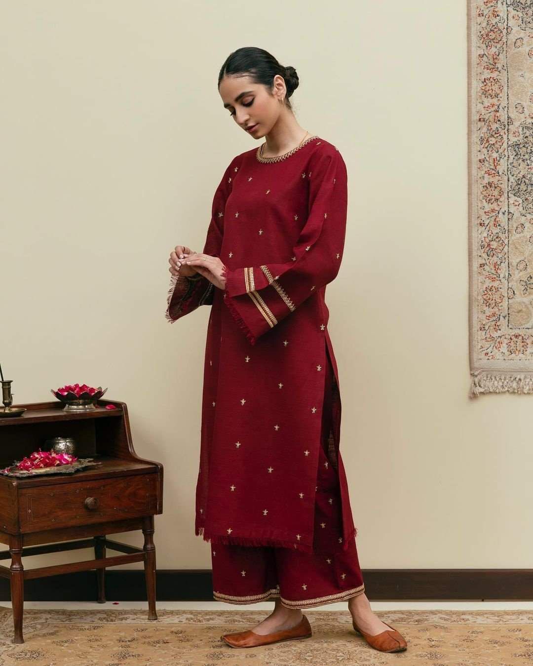 Burgundy Maroon khaddar Straight Cut Trouser Suit